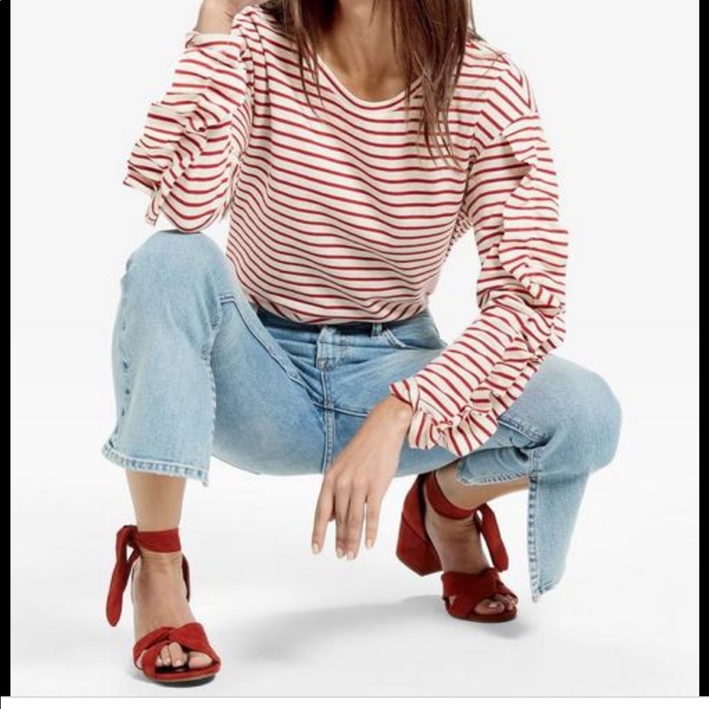 Lucky Brand striped re cream ruffle sleeve top L